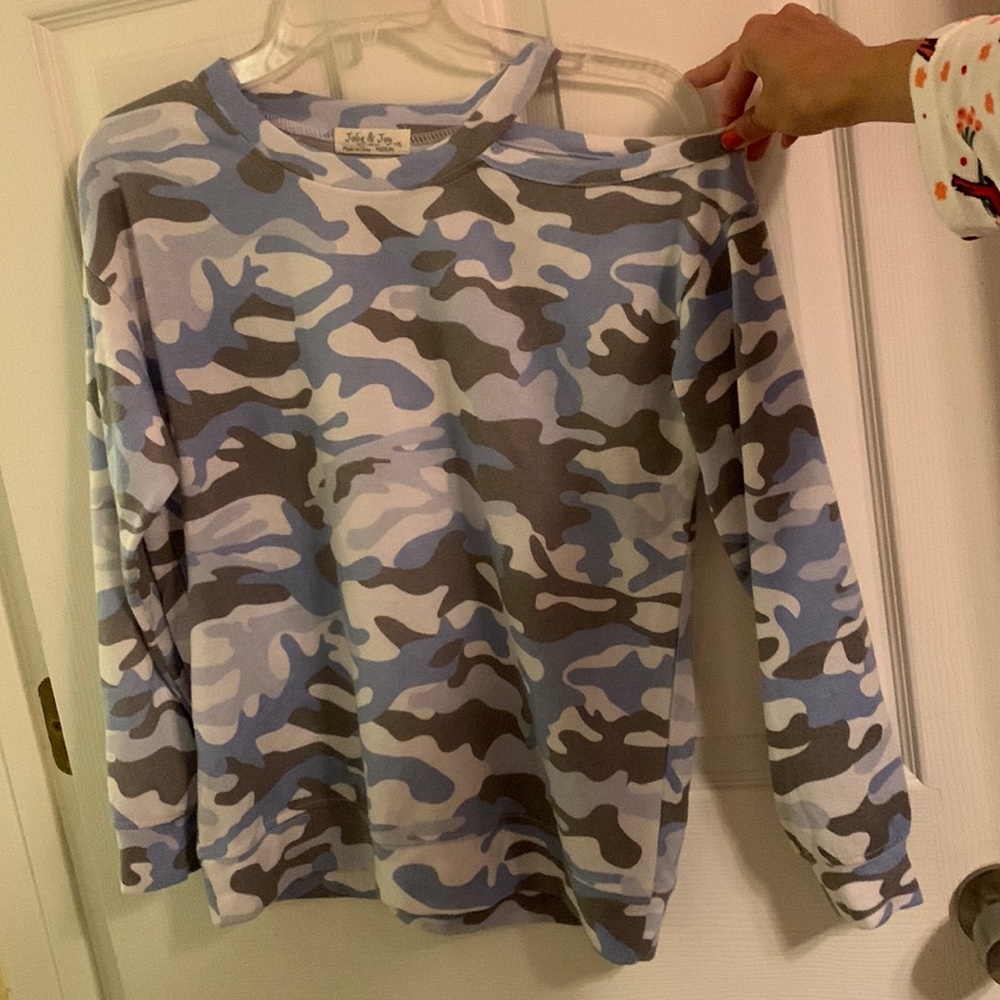 Jolie & joy top one shoulder open fleece blue grey camouflage